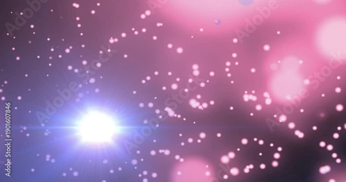 Bokeh particle field drifting when blue flare emerging, peaking, moving and fading to show motion