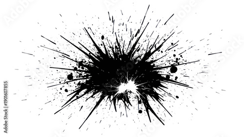 Dynamic Black Ink Splatter Explosion on White Background.