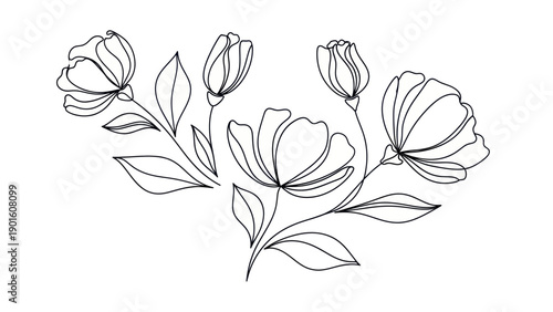 Elegant Line Art Floral Arrangement with Delicate Blossoms and Leaves.