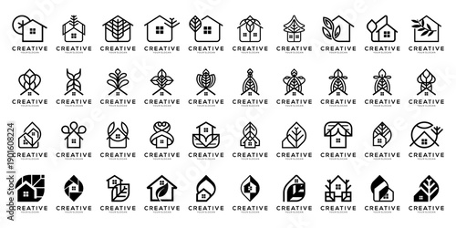 Set of Eco Friendly House and Green Leaf logo collection for Eco-living and Sustainable Architecture. Geometric abstract icon vector isolated on white background.