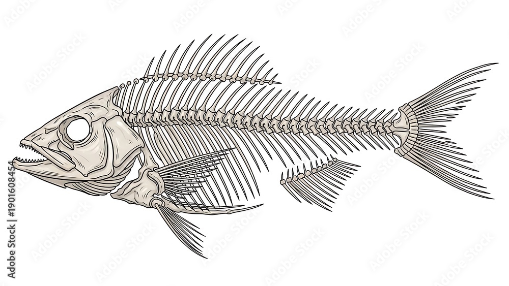 Fototapeta premium Detailed anatomical illustration of a fish skeleton showing its complete bone structure and fins.