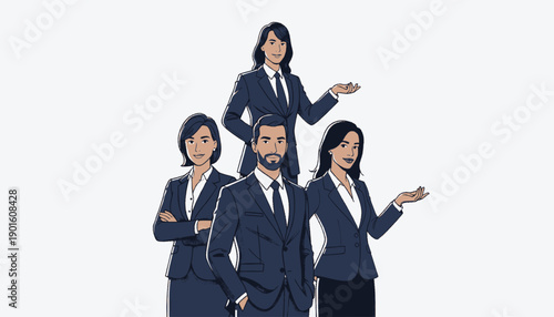 Diverse business team in professional attire discussing ideas.