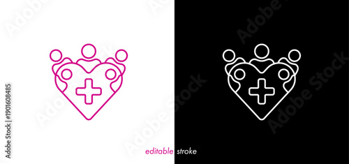 Editable stroke medical cross, heart line art, people family vector design to use for healthcare, hospital, healthy lifestyle, medical laboratory, medical science project.