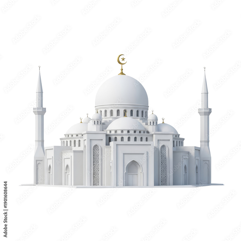 Obraz premium Elegant White Mosque with Crescent Moon for Ramadan and Eid Celebrations