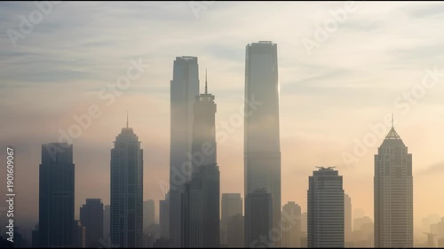 Skyscrapers silhouetted in foggy morning light cityscape architecture