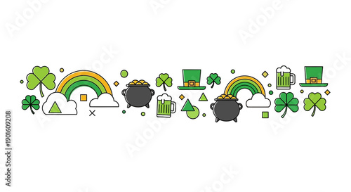 St Patricks Day Icons Rainbow Pot Gold.