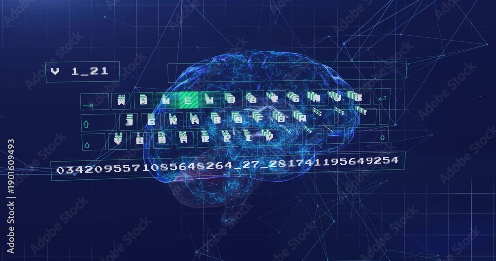 Fototapeta premium Pulsating holographic brain in cyber grid with UI panels keyboard icons green key and numeric strip