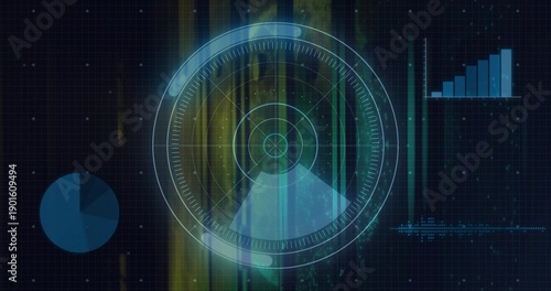 Scanning central radar HUD sweeping on dark grid dashboard, showing glowing node, charts, waveform