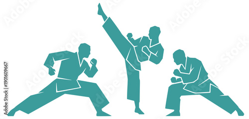 Set of abstract martial arts silhouettes: karate or taekwondo fighters in dynamic action poses. Modern geometric vector illustration.