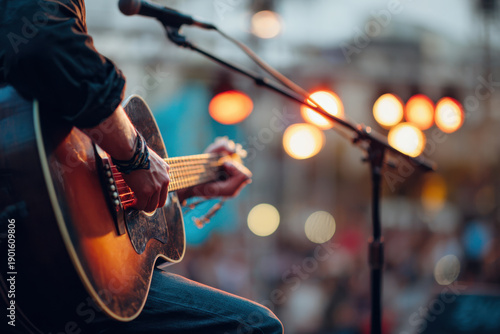 Close up of hand playing acoustic guitar during live performance, with blurred lights in background creating vibrant atmosphere. musician focus and passion are evident