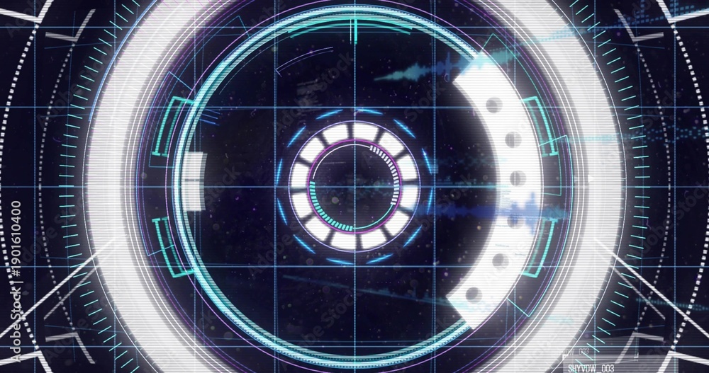Naklejka premium Scanning central concentric reticle rotating and pulsing in digital HUD, with waveform traces