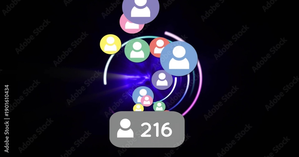 Fototapeta premium Spiraling colorful avatar badges moving toward glowing center in dark UI, showing counter 216