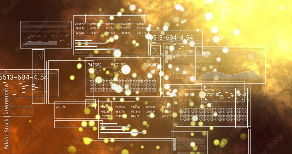 Naklejka premium Floating translucent HUD panels and glowing bokeh over warm nebula backdrop, showing line charts