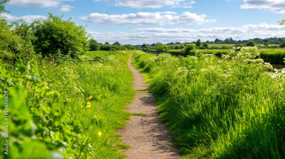 Obraz premium Serene Towpath Along a Canal Surrounded by Reclaimed Grasses and Lush Vegetation
