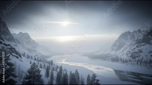 Snow covered mountains and river under a cloudy sky landscape