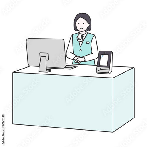 カウンター内で受付を担当するビジネス女性のイメージイラスト