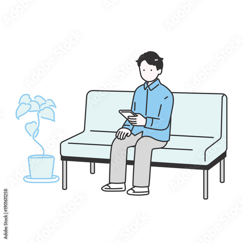 スマートフォンを見ながら待つ若い男性のイラスト