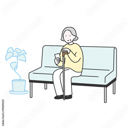 高齢女性が待合室で座って順番を待っているイメージイラスト