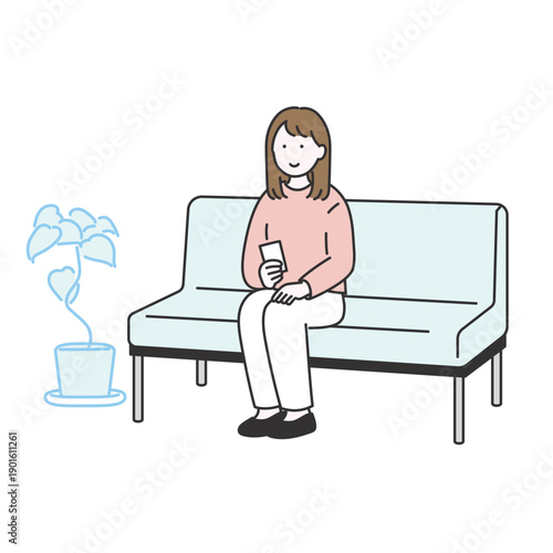 若い女性が待合室で座って順番を待っている様子のイラスト