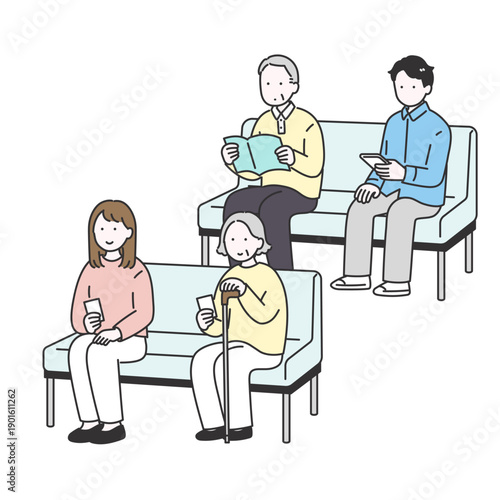 待合室で待つ人々のイメージイラスト