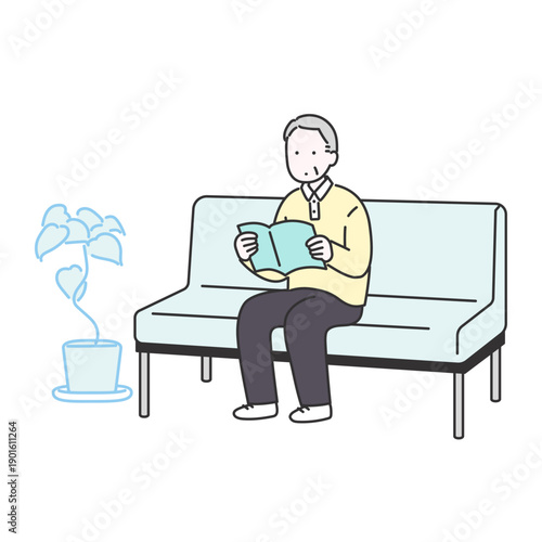 高齢男性が本を読みながら待合室で順番を待つイメージイラスト