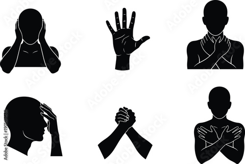 Human emotion gesture silhouettes set with listening ears stop hand self hug protection stress support body language icons