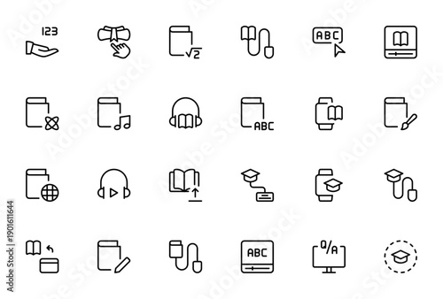 ELearning icon set. Vector icons pack for online courses. Includes symbols for digital book, mouse click, media player, science, music, headphones, keyboard, graduation and more.