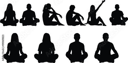 People sitting meditation silhouettes collection with yoga poses relaxation mindfulness wellness calm therapy lifestyle human posture icon set