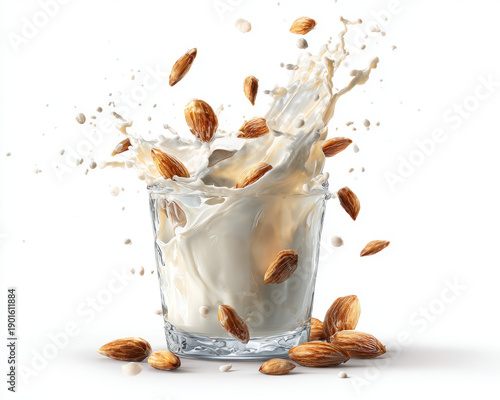 Creamy milk splashes from glass surrounded by scattered almonds, creating dynamic and refreshing scene. vibrant contrast highlights natural ingredients, evoking sense of vitality and health