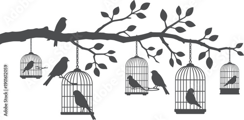 Bird, silhouette, branch, tree, leaves, perched, cage, freedom, captivity, nature, wildlife, contrast, symbolic, 