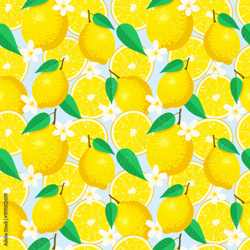 Fruit seamless pattern with juicy lemon, citrus slice, green leaves and white blossom. Bright summer print in flat style. Vector illustration