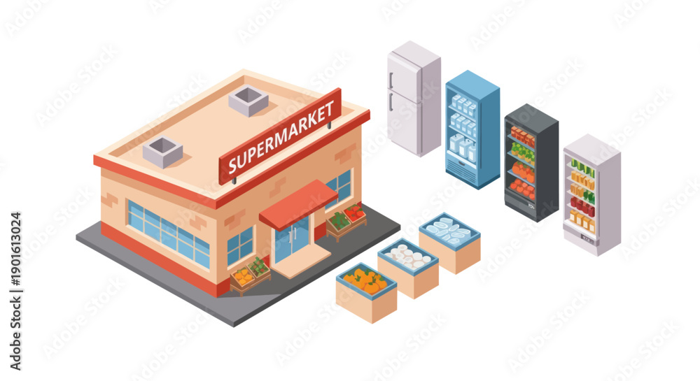 Fototapeta premium Isometric Supermarket Building with Vending Machines.