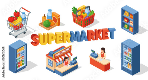 Supermarket 3D Icons Shopping Elements Display.