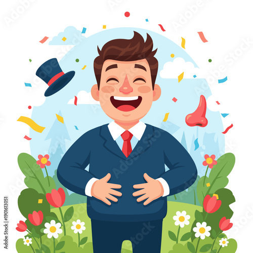 Happy businessman holding flowers cartoon illustration