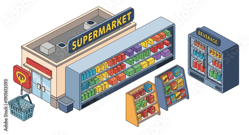 Supermarket Building with Shopping Cart and Displays.