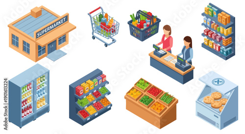 Supermarket Storefront and Shopping Elements.