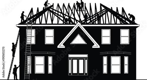 Construction workers installing roof trusses on residential house teamwork carpentry building renovation contractor silhouette vector illustration isolated