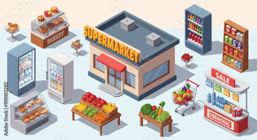 Isometric Supermarket Scene with Various Departments.