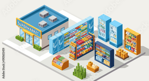 Isometric Supermarket with Shelves and Products.