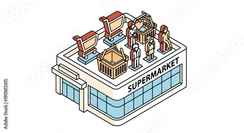 Isometric Supermarket with Shopping Carts and People.