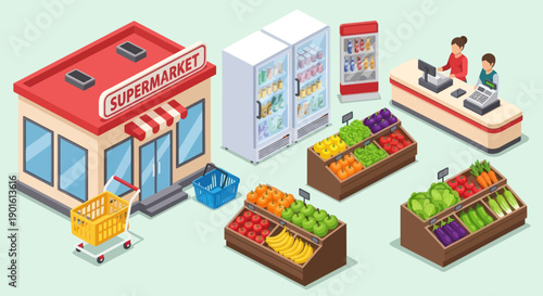 Supermarket Storefront with Fresh Produce Display.