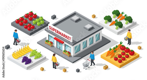 Supermarket with Fresh Produce and People Shopping.