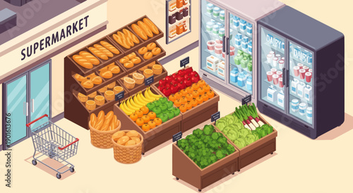 Supermarket with Fresh Produce and Groceries.