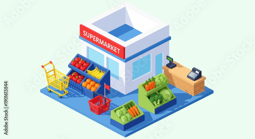 Isometric supermarket with produce and shopping cart.