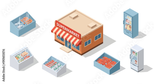 Isometric Storefront and Advertising Displays.