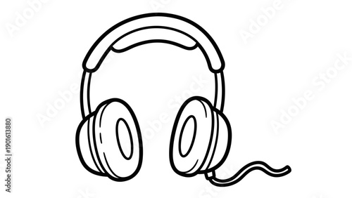 Simple Line Art Drawing of Wired Headphones for Music Listening.