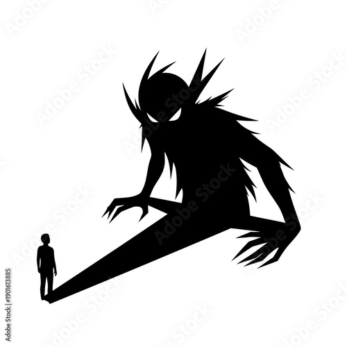 Small human figure facing a large, menacing shadow monster.