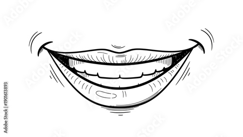 Smiling Mouth Line Art Drawing with Teeth Showing.