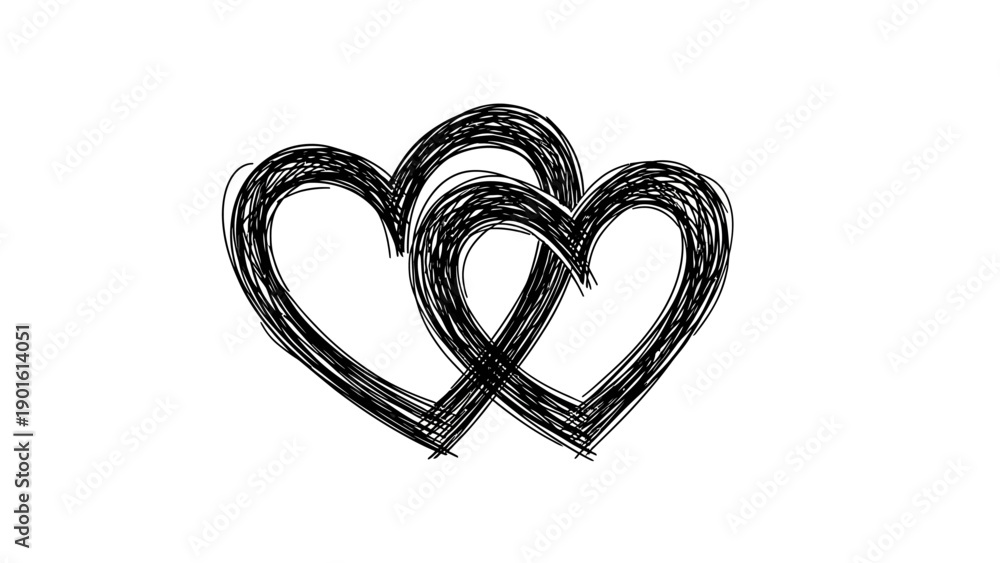 Naklejka premium Two Intertwined Hearts Drawn in a Rough Sketch Style.