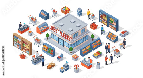 Isometric Illustration of Supermarket and Shopping Elements.